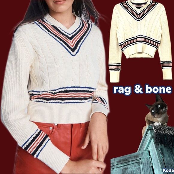 NWT $325 rag & bone | Dale Vee | Academia | V-Neck Cableknit Cropped Sweater - Picture 1 of 12
